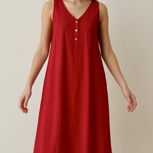 Vintage Women’s Red 100% Silk Size M Nightgown Shell Buttons Sleeveless Long